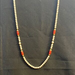 Vintage Avon Faux Pearl and Coral Necklace with gold tone accents.